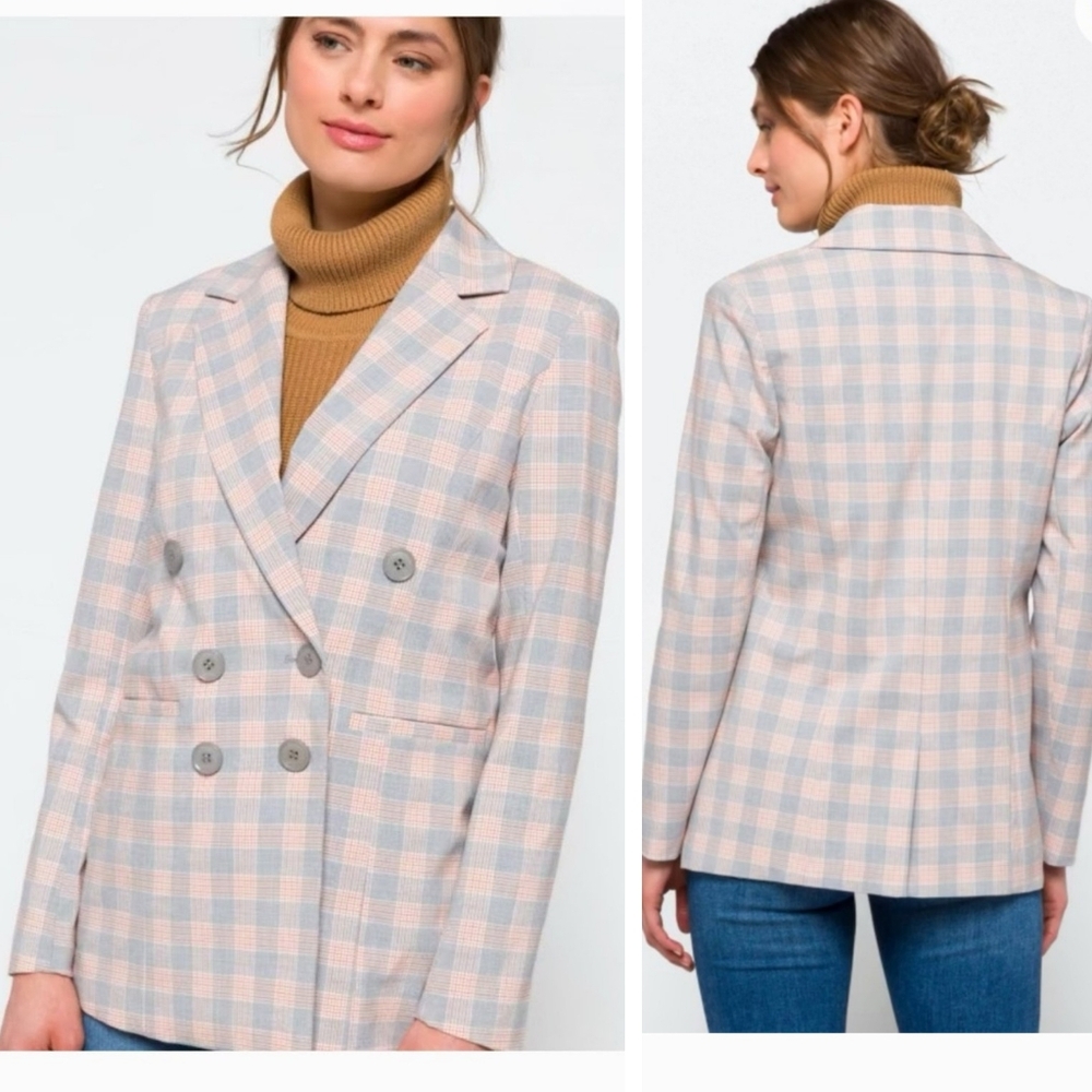 Coffee Shop plaid gray Double Breasted Blazer blushed pink